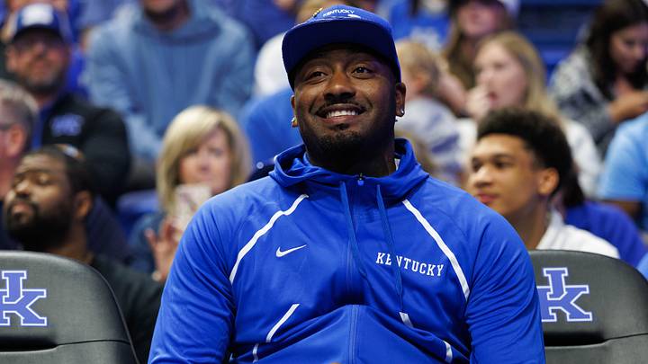 Oct 11, 2025; Lexington, KY, USA; Former Kentucky Wildcat and NBA player John Wall watches the action from the bench during Big Blue Madness at Rupp Arena at Central Bank Center. Mandatory Credit: Jordan Prather-Imagn Images Oct 11, 2025; Lexington, KY, USA; Former Kentucky Wildcat and NBA player John Wall watches the action from the bench during Big Blue Madness at Rupp Arena at Central Bank Center. Mandatory Credit: Jordan Prather-Imagn Images