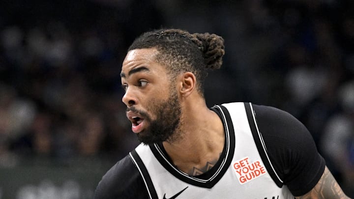 Mar 31, 2025; Dallas, Texas, USA; Brooklyn Nets guard D'Angelo Russell (1) in action during the game between the Dallas Mavericks and the Brooklyn Nets at the American Airlines Center. Mandatory Credit: Jerome Miron-Imagn Images Mar 31, 2025; Dallas, Texas, USA; Brooklyn Nets guard D'Angelo Russell (1) in action during the game between the Dallas Mavericks and the Brooklyn Nets at the American Airlines Center. Mandatory Credit: Jerome Miron-Imagn Images