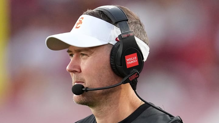 Aug 30, 2025; Los Angeles, California, USA; Southern California Trojans head coach Lincoln Riley watches from the sidelines against the Missouri State Bears in the first half at United Airlines Field at Los Angeles Memorial Coliseum. Mandatory Credit: Kirby Lee-Imagn Images Aug 30, 2025; Los Angeles, California, USA; Southern California Trojans head coach Lincoln Riley watches from the sidelines against the Missouri State Bears in the first half at United Airlines Field at Los Angeles Memorial Coliseum. Mandatory Credit: Kirby Lee-Imagn Images