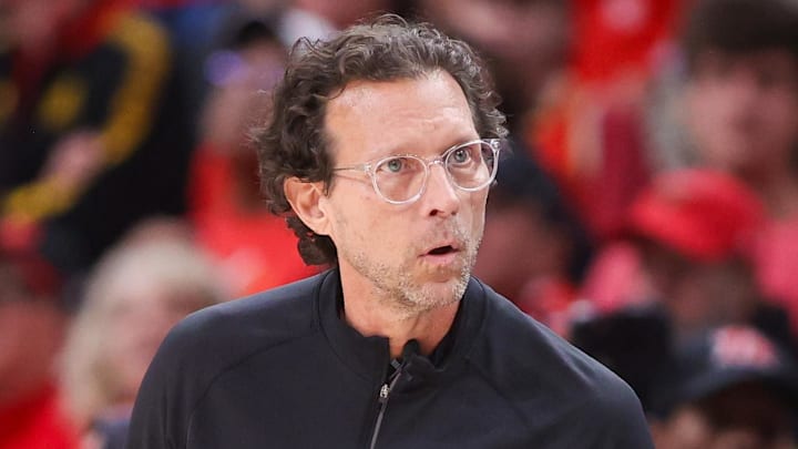 Atlanta Hawks head coach Quin Snyder on the sideline against the New York Knicks in the first quarter during game three of the first round of the 2026 NBA Playoffs at State Farm Arena on April 23, 2026.