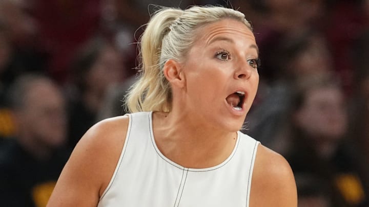 ASU Sun Devils head coach Molly Miller yells out to her team as they play the Coppin State Bald Eagles at Desert Financial Arena on Nov. 3, 2025.