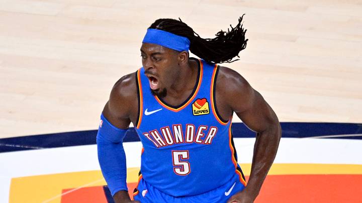 May 30, 2026; Oklahoma City, Oklahoma, USA; Oklahoma City Thunder guard Luguentz Dort (5) reacts in the second quarter against the San Antonio Spurs during game seven of the western conference finals for the 2026 NBA playoffs at Paycom Center. Mandatory Credit: Jerome Miron-Imagn Images May 30, 2026; Oklahoma City, Oklahoma, USA; Oklahoma City Thunder guard Luguentz Dort (5) reacts in the second quarter against the San Antonio Spurs during game seven of the western conference finals for the 2026 NBA playoffs at Paycom Center. Mandatory Credit: Jerome Miron-Imagn Images