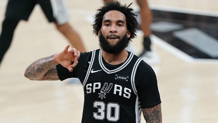 May 28, 2026; San Antonio, Texas, USA; San Antonio Spurs forward Julian Champagnie (30) reacts in the second half during game six of the western conference finals for the 2026 NBA playoffs at Frost Bank Center. Mandatory Credit: Dustin Safranek-Imagn Images
