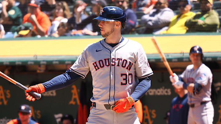 May 25, 2024; Oakland, California, USA; Houston Astros right fielder Kyle Tucker (30) at bat before hitting a sacrifice fly to send in a run Oakland Athletics during the sixth inning at Oakland-Alameda County Coliseum