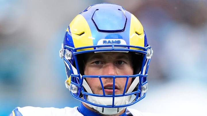Nov 30, 2025; Charlotte, North Carolina, USA; Los Angeles Rams quarterback Matthew Stafford (9) looks on before the game against the Carolina Panthers at Bank of America Stadium. Mandatory Credit: Jim Dedmon-Imagn Images Nov 30, 2025; Charlotte, North Carolina, USA; Los Angeles Rams quarterback Matthew Stafford (9) looks on before the game against the Carolina Panthers at Bank of America Stadium. Mandatory Credit: Jim Dedmon-Imagn Images