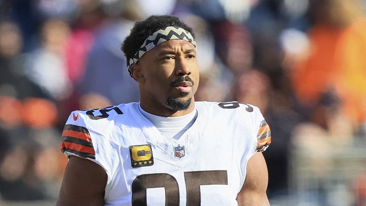 Jan 4, 2026; Cincinnati, Ohio, USA; Cleveland Browns defensive end Myles Garrett (95) walks on the field during the first half against the Cincinnati Bengals at Paycor Stadium. Mandatory Credit: Katie Stratman-Imagn Images