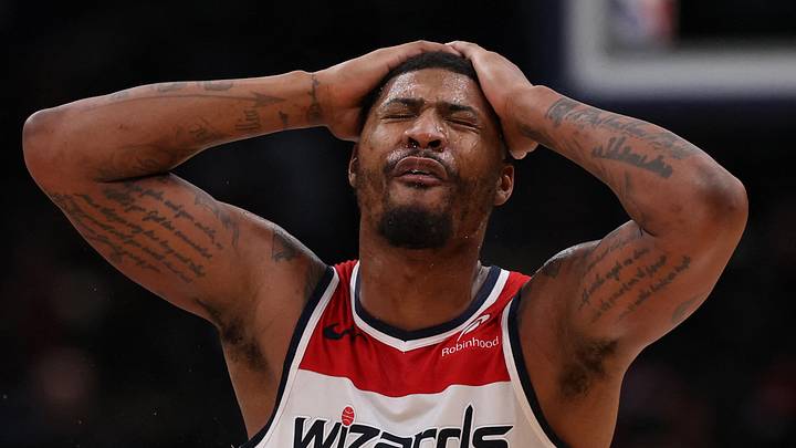 Washington, District of Columbia, USA; Washington Wizards guard Marcus Smart (36) reacts after being whistled for a technical foul against the Portland Trail Blazers late in the second half at Capital One Arena on Feb 26, 2025.