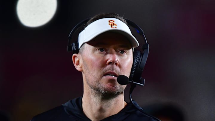 Nov 7, 2025; Los Angeles, California, USA; Southern California Trojans head coach Lincoln Riley watches game action against the Northwestern Wildcats during the second half at the Los Angeles Memorial Coliseum. Mandatory Credit: Gary A. Vasquez-Imagn Images