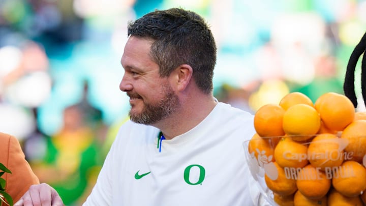 Oregon head coach Dan Lanning as the Oregon Ducks take on the Texas Tech Red Raiders in the Orange Bowl on Jan. 1, 2026, at Hard Rock Stadium in Miami, Florida.