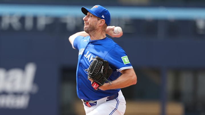 Jun 3, 2025; Toronto, Ontario, CAN; Toronto Blue Jays pitcher Max Scherzer (31) throws a pitch during a live session of batting practice before a game against the Philadelphia Phillies at Rogers Centre. 
