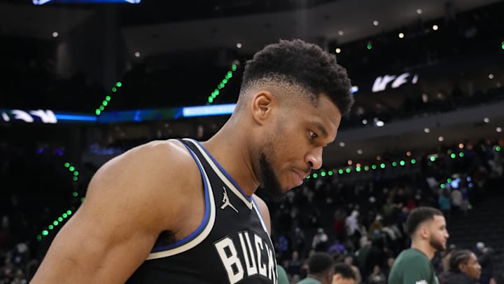 Milwaukee Bucks forward Giannis Antetokounmpo (34) following the game against the Denver Nuggets at Fiserv Forum on January 23, 2026. Milwaukee Bucks forward Giannis Antetokounmpo (34) following the game against the Denver Nuggets at Fiserv Forum on January 23, 2026.