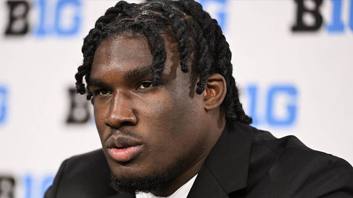 Jul 23, 2024; Indianapolis, IN, USA; Illinois Fighting Illini outside linebacker Gabe Jacas speaks to the media during the Big 10 football media day at Lucas Oil Stadium. Mandatory Credit: Robert Goddin-Imagn Images
