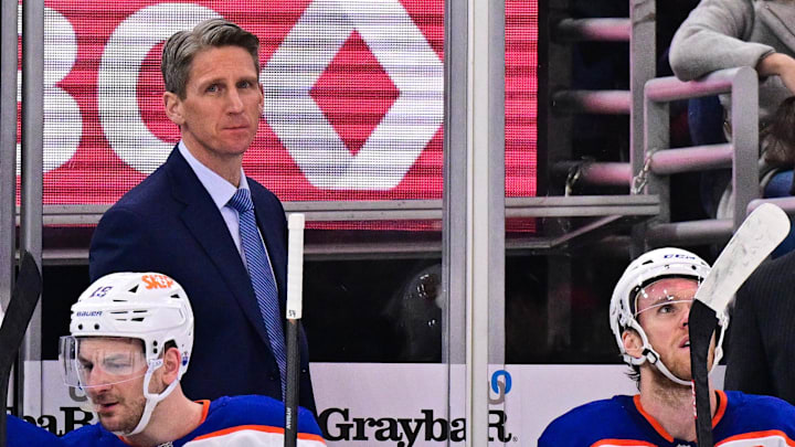 Feb 5, 2025; Chicago, Illinois, USA; Edmonton Oilers head coach Kris Knoblauch looks on against the Chicago Blackhawks during the first period at the United Center. Mandatory Credit: Daniel Bartel-Imagn Images