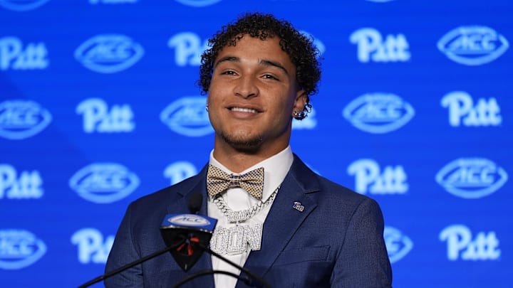 Jul 23, 2024; Charlotte, NC, USA; Pitt tight end Donovan McMillon answers questions from the media during the ACC Kickoff at Hilton Charlotte Uptown. Mandatory Credit: Jim Dedmon-Imagn Images