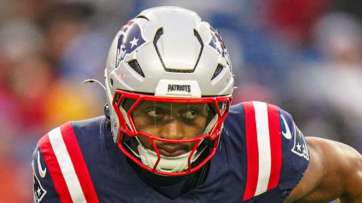 Dec 28, 2024; Foxborough, Massachusetts, USA; New England Patriots running back Antonio Gibson (4) on the field against the Los Angeles Chargers in the second half at Gillette Stadium. Mandatory Credit: David Butler II-Imagn Images