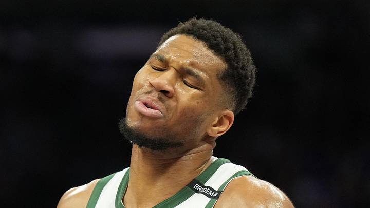 Milwaukee Bucks forward Giannis Antetokounmpo (34) reacts during the third quarter against the Sacramento Kings at Golden 1 Center on March 22, 2025.