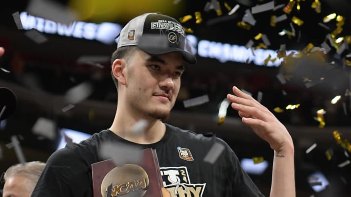 Mar 31, 2024; Detroit, MI, USA; Purdue Boilermakers center Zach Edey (15) celebrates defeating the Tennessee Volunteers in the Elite Eight. Mar 31, 2024; Detroit, MI, USA; Purdue Boilermakers center Zach Edey (15) celebrates defeating the Tennessee Volunteers in the Elite Eight.