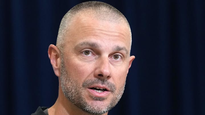 Feb 24, 2026; Indianapolis, IN, USA; Las Vegas Raiders general manager John Spytek speaks at the NFL Scouting Combine at the Indiana Convention Center. Mandatory Credit: Kirby Lee-Imagn Images