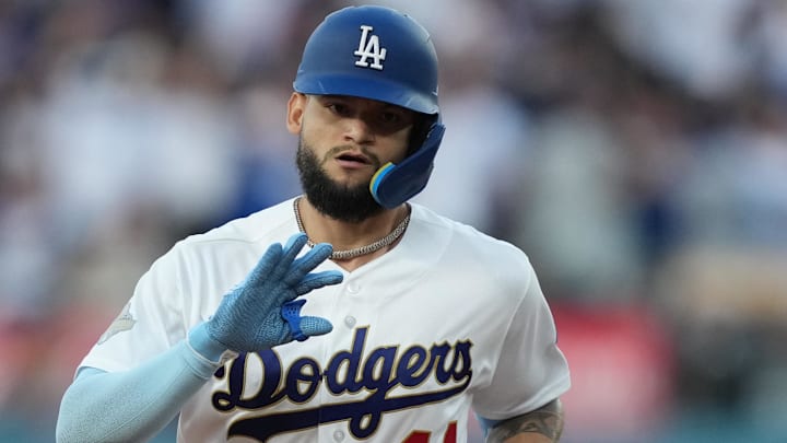 Mar 26, 2026; Los Angeles, California, USA; Los Angeles Dodgers outfielder Andy Pages (44) reacts after hitting a three run home run against Arizona Diamondbacks starting pitcher Zac Gallen (not pictured) during the fifth inning at Dodger Stadium. Mandatory Credit: Kirby Lee-Imagn Images Mar 26, 2026; Los Angeles, California, USA; Los Angeles Dodgers outfielder Andy Pages (44) reacts after hitting a three run home run against Arizona Diamondbacks starting pitcher Zac Gallen (not pictured) during the fifth inning at Dodger Stadium. Mandatory Credit: Kirby Lee-Imagn Images