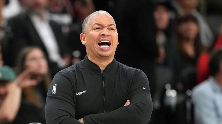 Mar 31, 2026; Inglewood, California, USA; LA Clippers head coach Tyronn Lue reacts against the Portland Trail Blazers in the second half at Intuit Dome. Mandatory Credit: Kirby Lee-Imagn Images