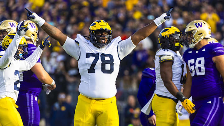 Oct 5, 2024; Seattle, Washington, USA; Michigan Wolverines defensive lineman Kenneth Grant (78) celebrates a missed field goal by the Washington Huskies, topic during the first quarter at Alaska Airlines Field at Husky Stadium. Mandatory Credit: Joe Nicholson-Imagn Images