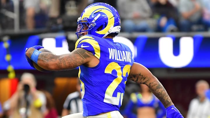 Los Angeles Rams running back Kyren Williams (23) runs for a touchdown during the first quarter against the Detroit Lions Los Angeles Rams running back Kyren Williams (23) runs for a touchdown during the first quarter against the Detroit Lions