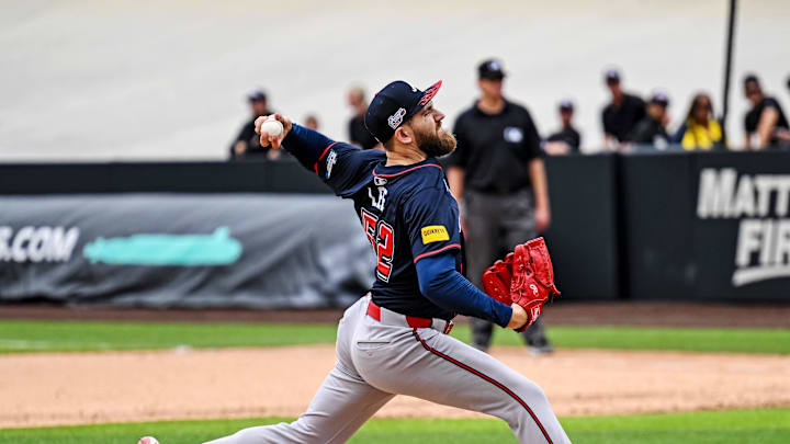 Aug 3, 2025; Bristol, Tennessee, USA; Atlanta Braves pitcher Pierce Johnson (38) pitches during the seventh inning against Cincinnati Reds at Bristol Motor Speedway. Mandatory Credit: Bryan Lynn-Imagn Images