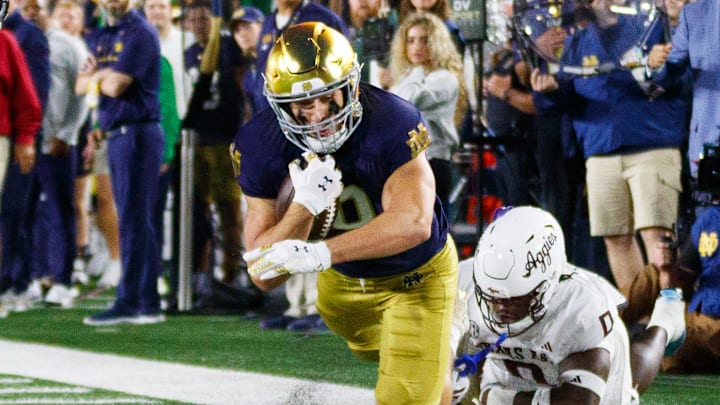 Notre Dame tight end Eli Raridon (9) is tackled short of the goal line in the first half of a NCAA football game against Texas A&M at Notre Dame Stadium on Saturday, Sept. 13, 2025, in South Bend.