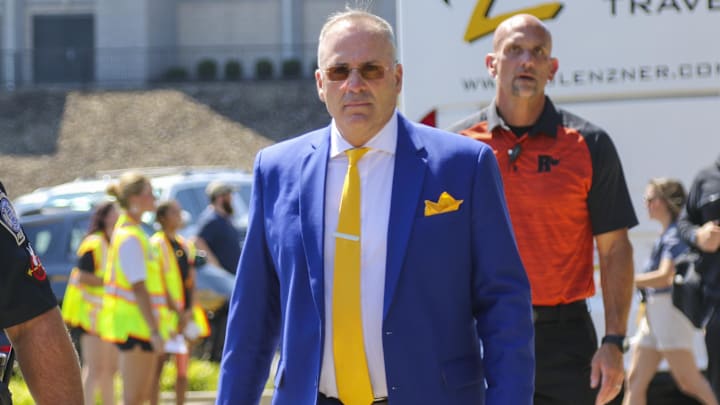 Sep 13, 2025; Morgantown, West Virginia, USA; Pittsburgh Panthers head coach Pat Narduzzi arrives to their game against the West Virginia Mountaineers at Milan Puskar Stadium. Mandatory Credit: Ben Queen-Imagn Images
