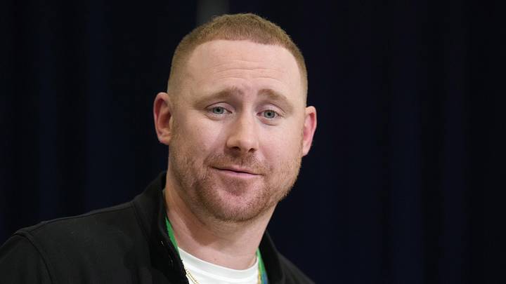 Feb 24, 2026; Indianapolis, IN, USA; Buffalo Bills coach Joe Brady speaks at the NFL Scouting Combine at the Indiana Convention Center. Mandatory Credit: Kirby Lee-Imagn Images