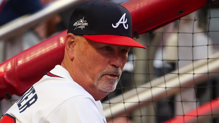 Atlanta Braves manager Brian Snitker (43) in the dugout against the New York Mets in the fifth inning at Truist Park.