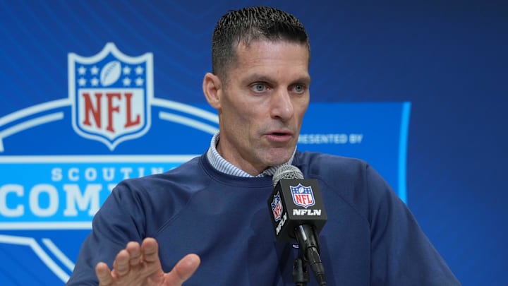 Feb 27, 2025; Indianapolis, IN, USA; Houston Texans general manager Nick Caserio speaks during the 2025 NFL Scouting Combine at the Indiana Convention Center. Mandatory Credit: Kirby Lee-Imagn Images