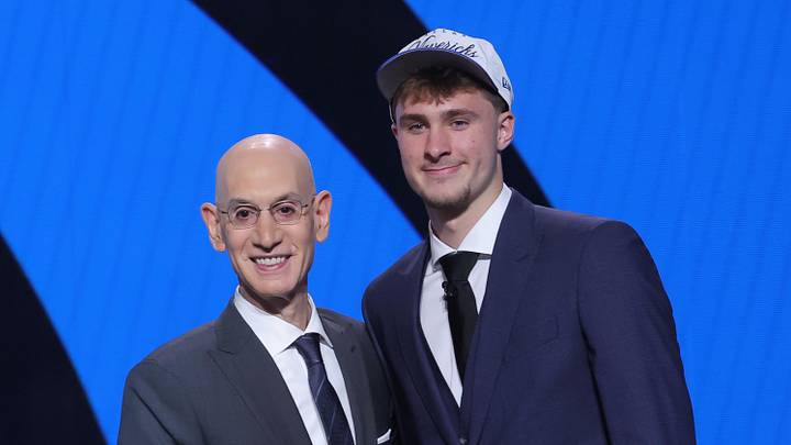 Jun 25, 2025; Brooklyn, NY, USA;  Cooper Flagg poses with NBA commissioner Adam Silver after being selected as first overall by the Dallas Mavericks in the first round of the 2025 NBA Draft at Barclays Center. Mandatory Credit: Brad Penner-Imagn Images