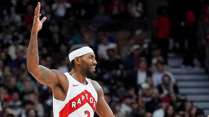 Oct 13, 2026; Toronto, Ontario, CAN; Toronto Raptors forward Kawhi Leonard (2) reacts after a play against New York Knicks guard Kevin McCullar Jr. (9) against during the first half at Scotiabank Arena. Mandatory Credit: John E. Sokolowski-Imagn Images Oct 13, 2026; Toronto, Ontario, CAN; Toronto Raptors forward Kawhi Leonard (2) reacts after a play against New York Knicks guard Kevin McCullar Jr. (9) against during the first half at Scotiabank Arena. Mandatory Credit: John E. Sokolowski-Imagn Images