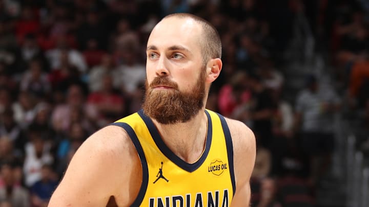 Indiana Pacers center Jay Huff (32) during a game against the Miami Heat. Indiana Pacers center Jay Huff (32) during a game against the Miami Heat.