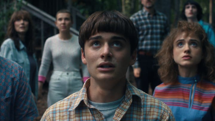 STRANGER THINGS. (L to R) Charlie Heaton as Jonathan Byers, Winona Ryder as Joyce Byers, Millie Bobby Brown as Eleven, Noah Schnapp as Will Byers, David Harbour as Jim Hopper, Natalia Dyer as Nancy Wheeler, and Finn Wolfhard as Mike Wheeler in STRANGER THINGS. Cr. Courtesy of Netflix © 2022
