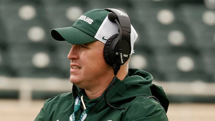 April 18, 2026; East Lansing, Mich.; Michigan State head coach Pat Fitzgerald watches the action going on during MSU's "Spring Showcase" at Spartan Stadium.