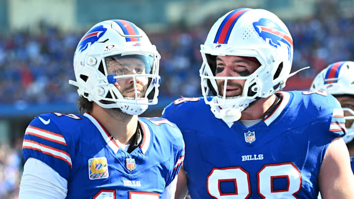 Sep 28, 2025; Orchard Park, New York, USA; Buffalo Bills quarterback Josh Allen (17) and tight end Dawson Knox (88) react after diving for a touchdown past New Orleans Saints cornerback Alontae Taylor (1) during the third quarter at Highmark Stadium. Mandatory Credit: Mark Konezny-Imagn Images Sep 28, 2025; Orchard Park, New York, USA; Buffalo Bills quarterback Josh Allen (17) and tight end Dawson Knox (88) react after diving for a touchdown past New Orleans Saints cornerback Alontae Taylor (1) during the third quarter at Highmark Stadium. Mandatory Credit: Mark Konezny-Imagn Images