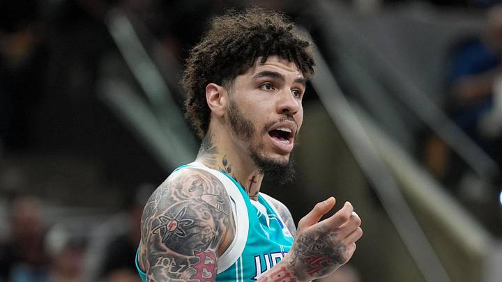 Mar 14, 2026; San Antonio, Texas, USA;  Charlotte Hornets guard LaMelo Ball (1) reacts in the second half against the San Antonio Spurs at Frost Bank Center. Mandatory Credit: Daniel Dunn-Imagn Images