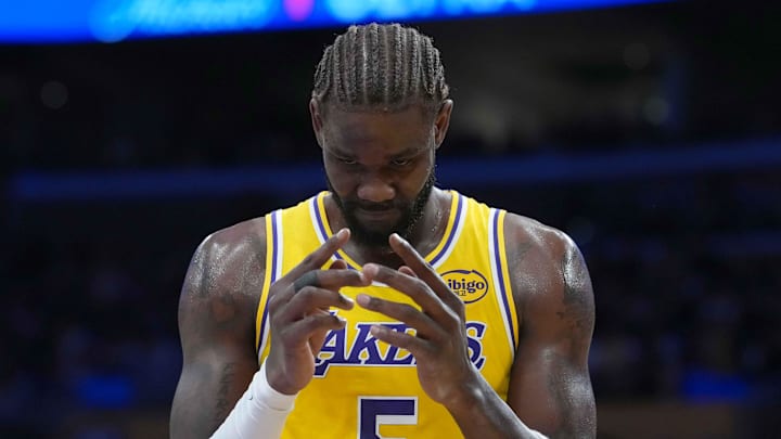 Oct 24, 2025; Los Angeles, California, USA; Los Angeles Lakers center Deandre Ayton (5) reacts in the first half against the Minnesota Timberwolves at Crypto.com Arena. Mandatory Credit: Kirby Lee-Imagn Images