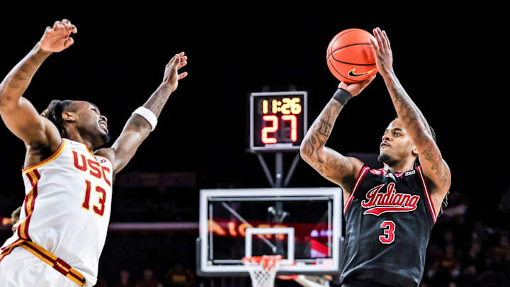 Indiana basketball guard Lamar Wilkerson shoots a 3-pointer Feb. 3, 2026, against USC at the Galen Center in Los Angeles.