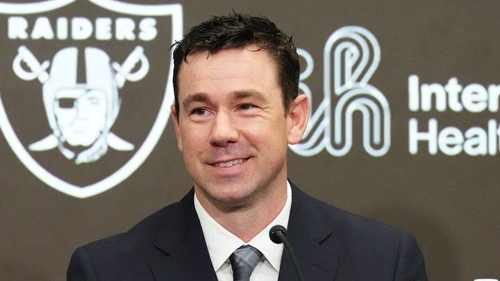 Feb 10, 2026; Henderson, NV, USA; Las Vegas Raiders coach Klint Kubiak speaks at introductory press conference at Intermountain Health Performance Center. Mandatory Credit: Kirby Lee-Imagn Images Feb 10, 2026; Henderson, NV, USA; Las Vegas Raiders coach Klint Kubiak speaks at introductory press conference at Intermountain Health Performance Center. Mandatory Credit: Kirby Lee-Imagn Images