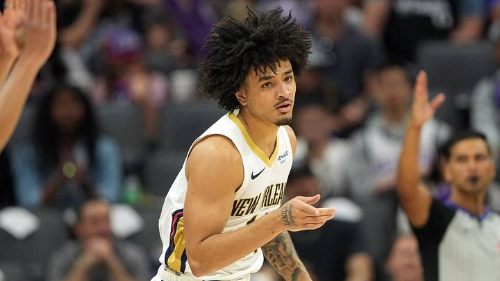 Apr 3, 2026; Sacramento, California, USA; New Orleans Pelicans guard Micah Peavy (14) gestures after making a three-point basket against the Sacramento Kings during the third quarter at Golden 1 Center. Mandatory Credit: Darren Yamashita-Imagn Images Apr 3, 2026; Sacramento, California, USA; New Orleans Pelicans guard Micah Peavy (14) gestures after making a three-point basket against the Sacramento Kings during the third quarter at Golden 1 Center. Mandatory Credit: Darren Yamashita-Imagn Images