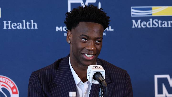 Jun 25, 2026; Washington, DC, USA; Washington Wizards first round draft pick and number one overall pick AJ Dybantsa speaks to the media during a press conference at InterContinental Hotel. Mandatory Credit: Amber Searls-Imagn Images