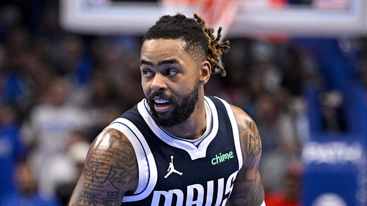 Dallas Mavericks guard D'Angelo Russell (5) brings the ball up court against the LA Clippers during the second half in an NBA Cup game at the American Airlines Center on November 4, 2025. Dallas Mavericks guard D'Angelo Russell (5) brings the ball up court against the LA Clippers during the second half in an NBA Cup game at the American Airlines Center on November 4, 2025.