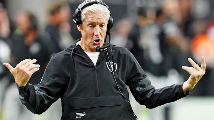 Oct 12, 2025; Paradise, Nevada, USA; Las Vegas Raiders head coach Pete Carroll reacts on the sidelines during the second half against the Tennessee Titans at Allegiant Stadium. Mandatory Credit: Stephen R. Sylvanie-Imagn Images