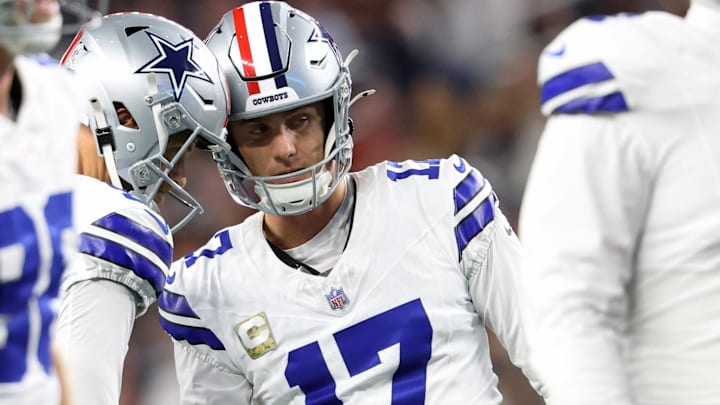 Nov 3, 2025; Arlington, Texas, USA; Dallas Cowboys place kicker Brandon Aubrey (17) reacts after a field goal against the Arizona Cardinals in the second half at AT&T Stadium.