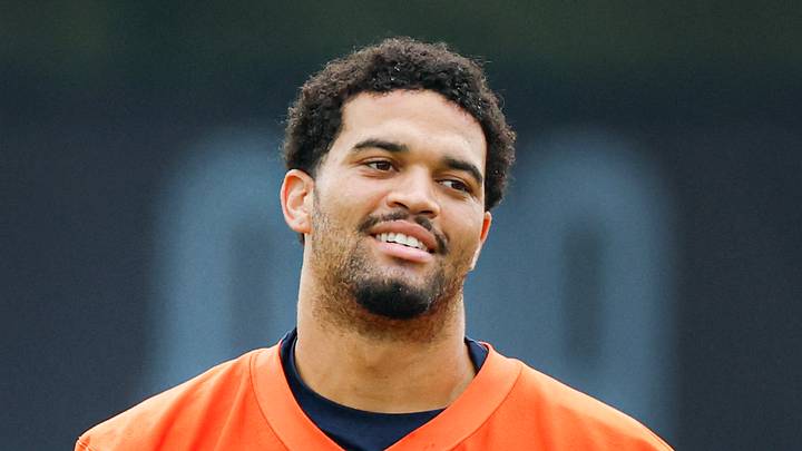 Aug 5, 2026; Lake Forest, IL, USA; Chicago Bears quarterback Caleb Williams (18) stands on the field during training camp at Halas Hall. Mandatory Credit: Kamil Krzaczynski-Imagn Images