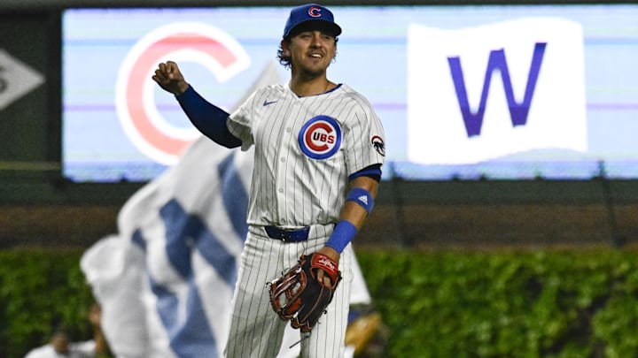 May 12, 2025; Chicago, Illinois, USA; Chicago Cubs third baseman Nicky Lopez (12) after the game against thew Miami Marlins at Wrigley Field. Mandatory Credit: Matt Marton-Imagn Images