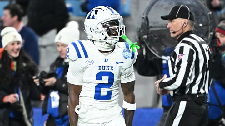 Dec 6, 2025; Charlotte, NC, USA; Duke Blue Devils wide receiver Sahmir Hagans (2) reacts after a play in the second quarter against the Virginia Cavaliers during the 2025 ACC Championship game at Bank of America Stadium. Mandatory Credit: Bob Donnan-Imagn Images Dec 6, 2025; Charlotte, NC, USA; Duke Blue Devils wide receiver Sahmir Hagans (2) reacts after a play in the second quarter against the Virginia Cavaliers during the 2025 ACC Championship game at Bank of America Stadium. Mandatory Credit: Bob Donnan-Imagn Images
